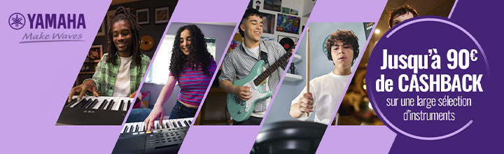 Tous les instruments Yamaha éligibles à l’offre de remboursement : pianos numériques, claviers et guitares. Jusqu’à 90€ de cashback, en stock.