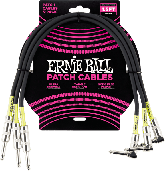 Ernie Ball Cables Instrument Patch Pack de 3 - Droit /Coudé - 46CM Noir