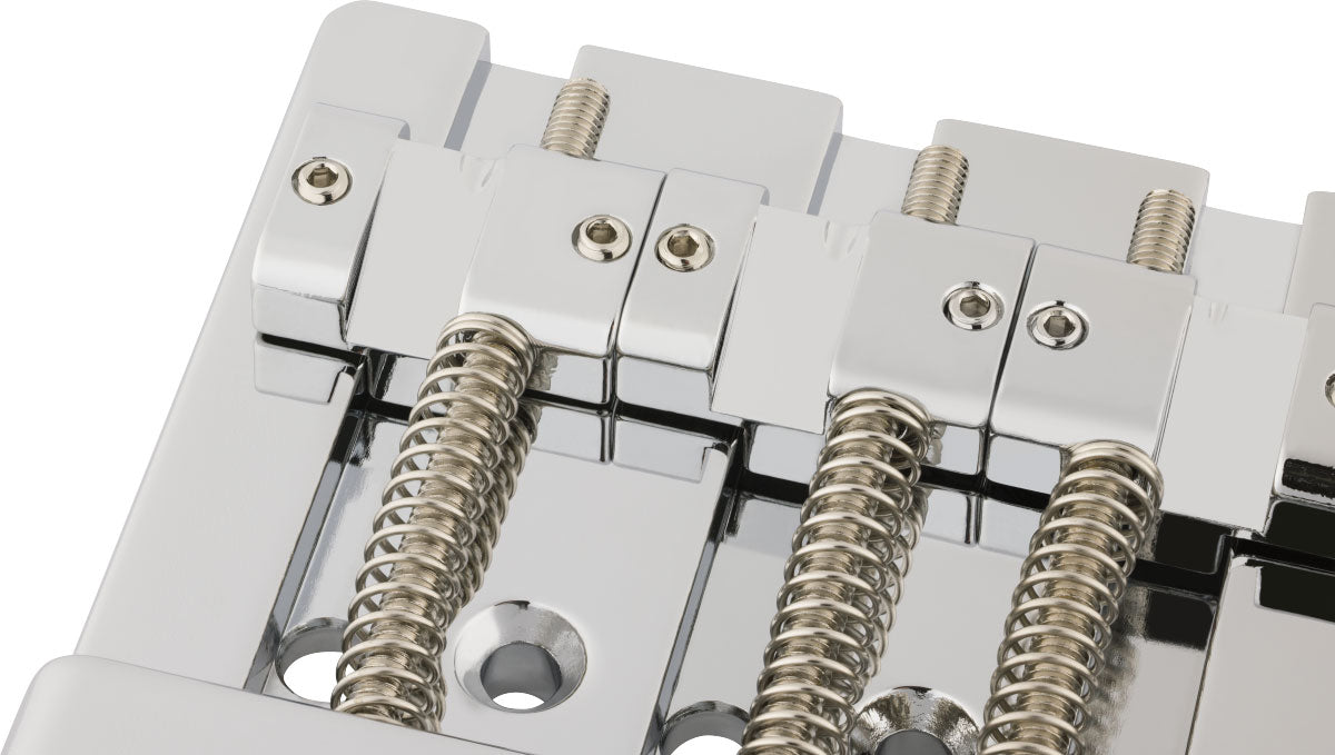 Fender HiMass 4-Saiten-Bassbrücken-Baugruppe mit Saitendurchführung und Messingreitern Chrom