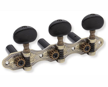 CLASSIC GUITAR TUNING MACHINES 3+3 HAUSER BLACK BUTTON AND ROLLER AGED BRASS