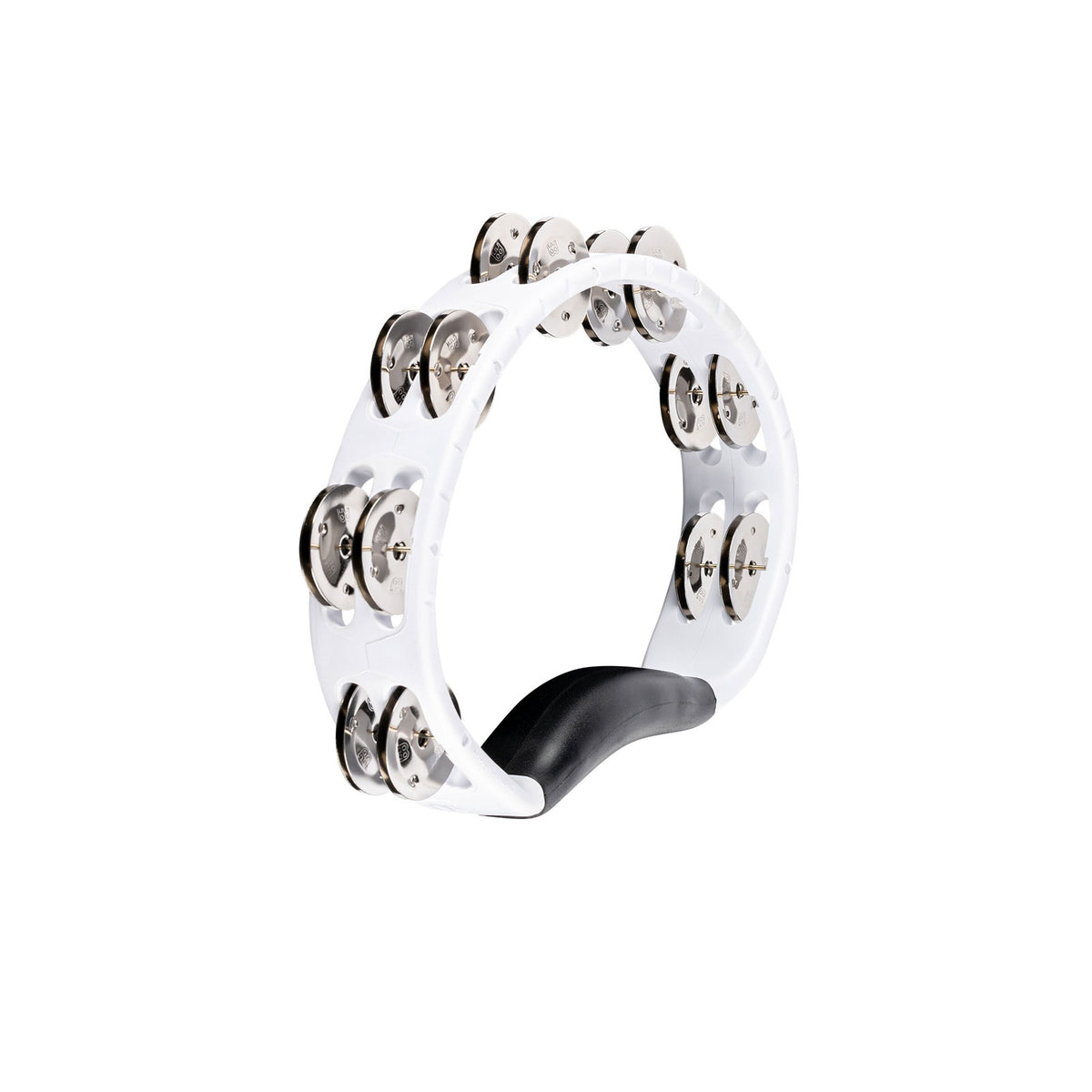 PERCUSSION HEADLINER SERIES HAND HELD ABS TAMBOURINE DUAL ROW WHITE STAINLESS STEEL JINGLES