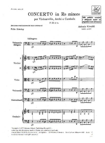 VIVALDI A. - CONCERTI IN RE MIN. RV 405 - VIOLONCELLE, CORDES ET BASSE CONTINUE