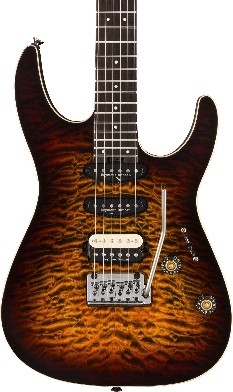 Pro-Mod Plus Dinky DK24 HSS 2PT EB QM Ebo Bernsteinfarbenes Tigerauge