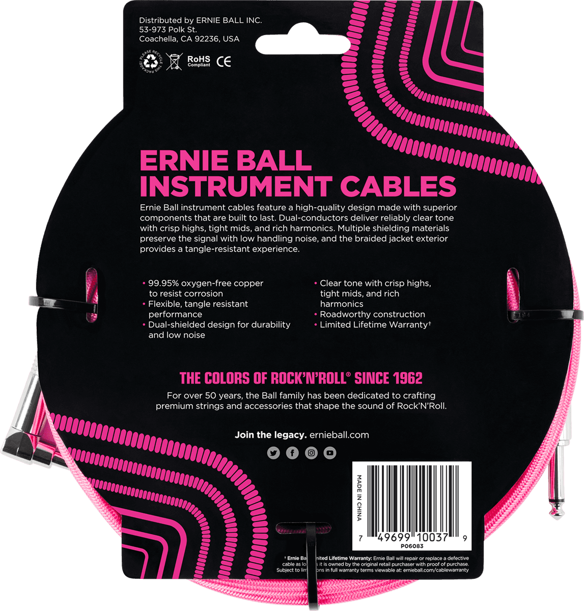 Instrumentenkabel Mit Gewebemantel Jack/jack Abgewinkelt 5,5M Rosa