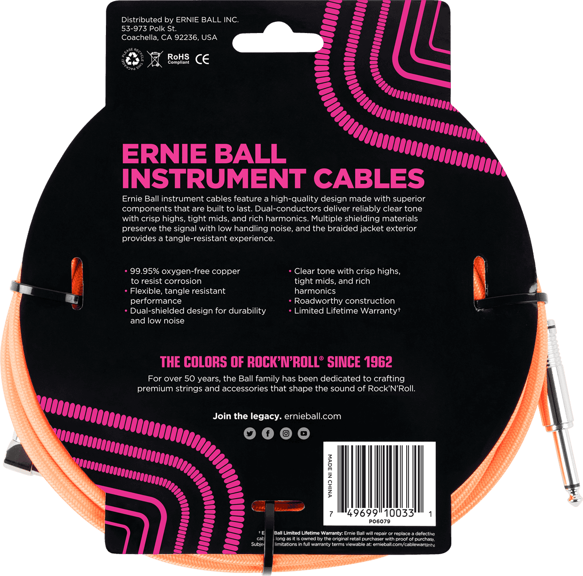 Cables Instrument Gaine Tisse Jack/jack Coudé 3M Orange