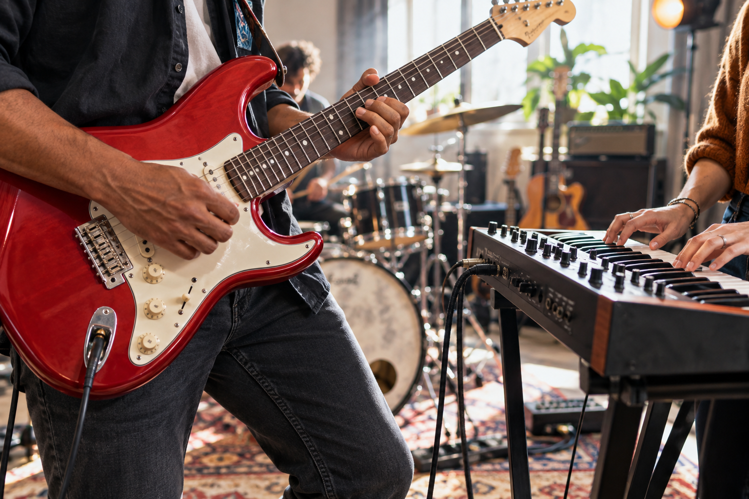 Musiker, die Gitarre und Keyboard spielen